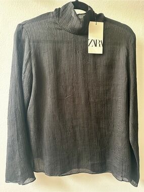 ZARA Black Crinkled Mock Neck Long Sleeve Blouse